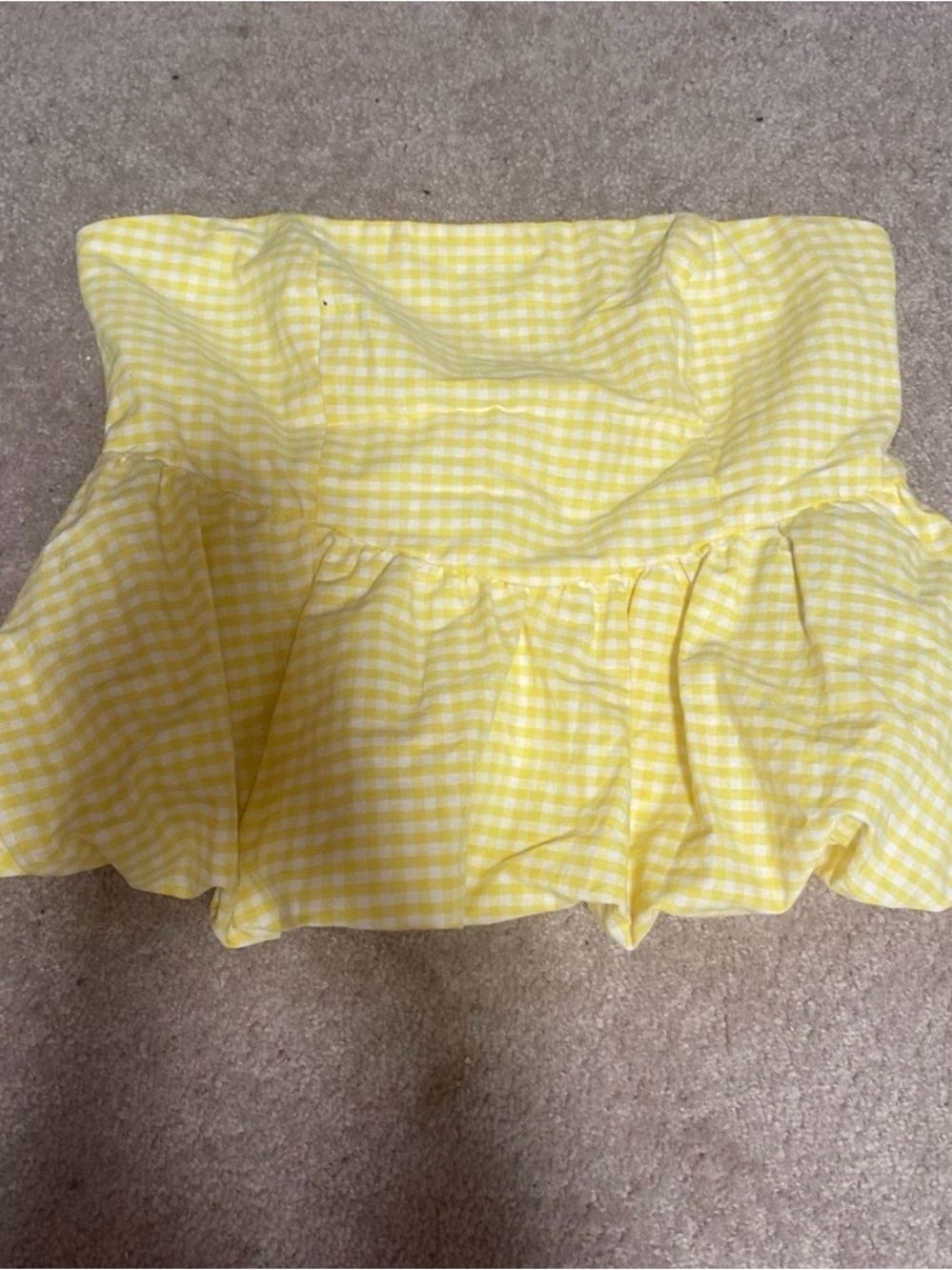 Yellow Gingham Strapless Ruffle Crop Top